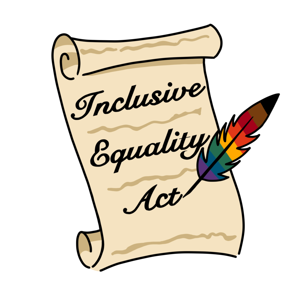 Decorative Legislative Bill that reads "Inclusive Equality Act", written by a rainbow colored quill with additional black and brown stripes.