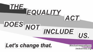 The text "The Equality Act Does Not Include Me. Let's Change That." in front of a stripe with the colors on the ace flag.