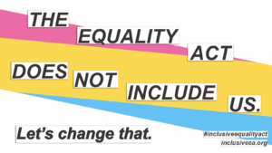 The text "The Equality Act Does Not Include Me. Let's Change That." in front of a stripe with the colors on the pan flag.