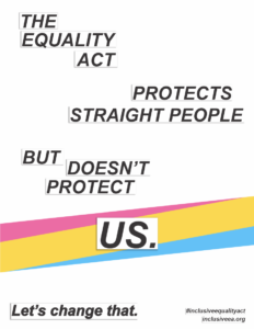 The Equality Act Protects Straight People, But Doesn't Protect Us. A Pan Flag stripe is behind the word "Us".